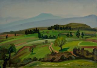 Green Landscape in Corinthia, Very Old — Oil painting, Canvas, 35.00×50.00cm — Theodoros Markellos
